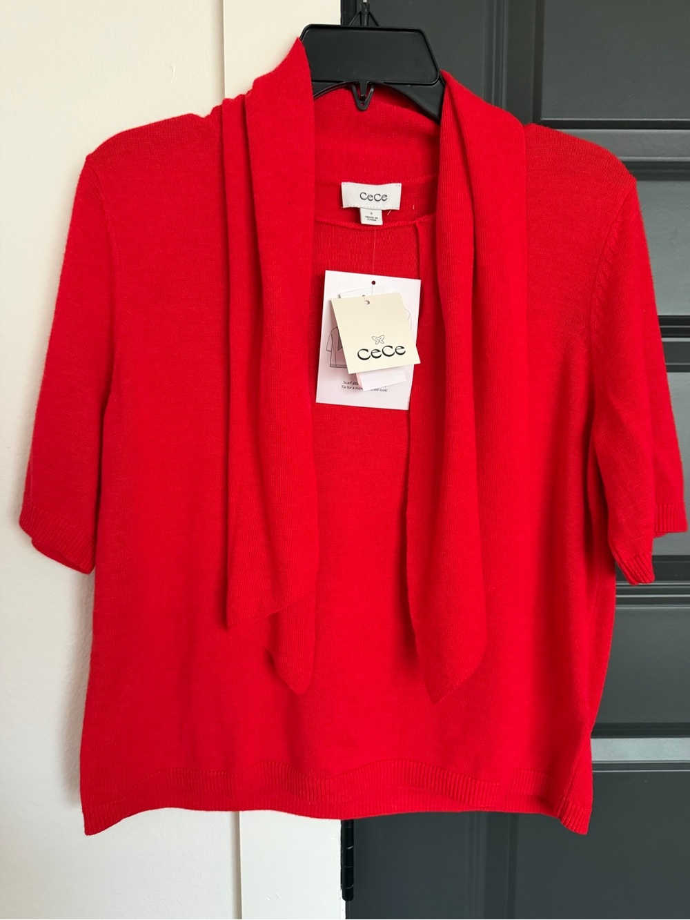 CeCe Bright Red Short-Sleeve Knit Sweater with Tie Scarf